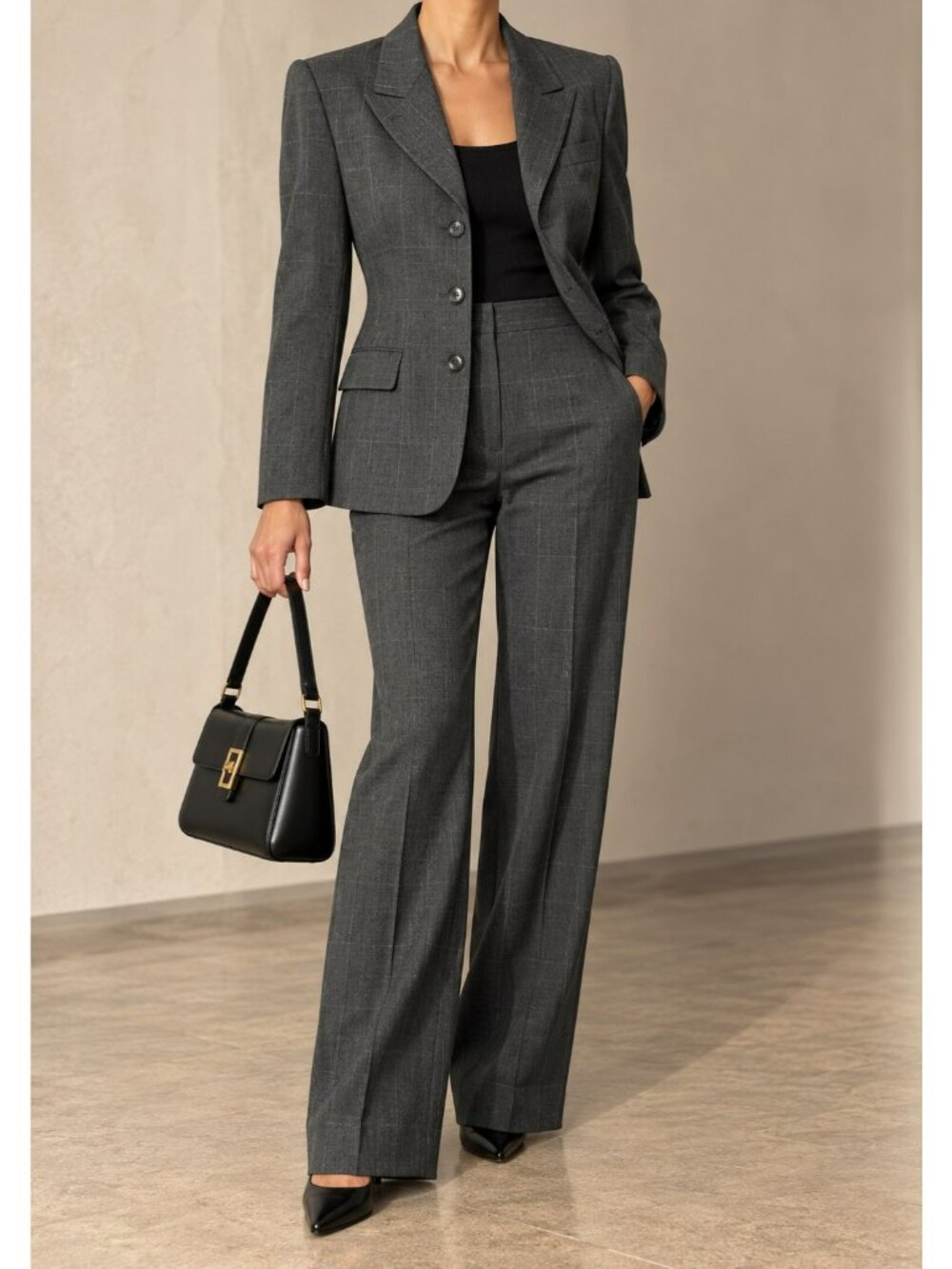 Kasper Size 12 Classic Charcoal Gray Windowpane Plaid 2 Piece Pant Suit Career